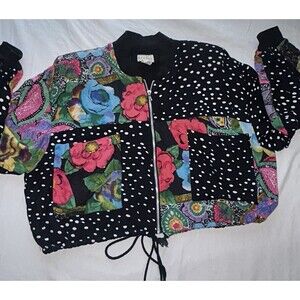 Retro 80/90s Bold Colorful Polka Dot Floral Sequin Bomber Jacket Women Small